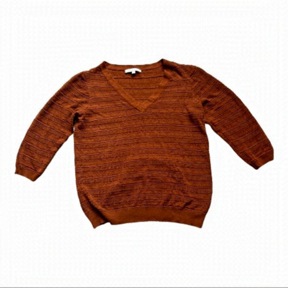 𝅺VINTAGE CLEO PETITES V-Neck Pointelle Sweater Size Large Light Brown